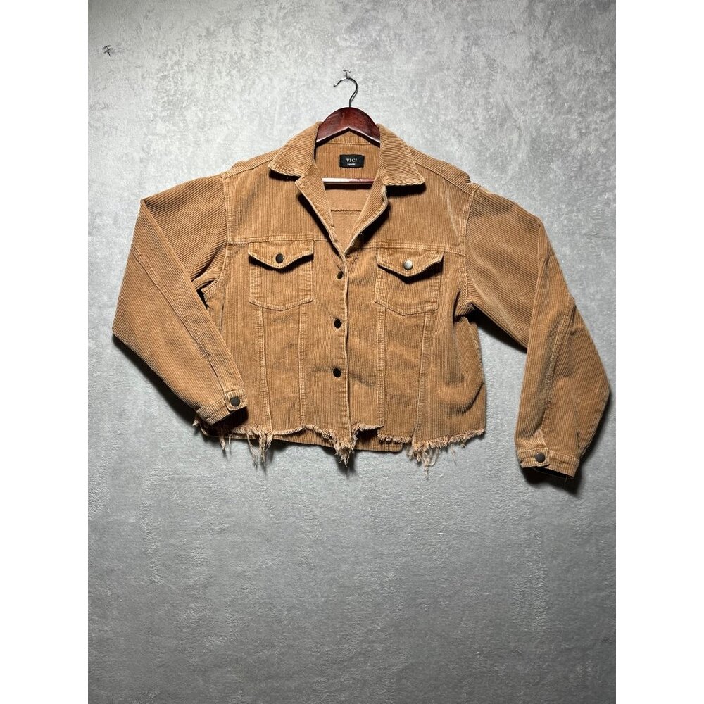 Vici Medium Womens Cropped Frayed Hem Corduroy Tan Jacket with Button Front & Po